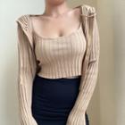 Set: Cropped Ribbed Knit Zip-up Hoodie + Camisole Top