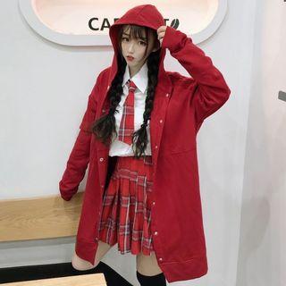 Shirt / Plaid Tie / Pleated Mini Skirt / Hooded Jacket / Set