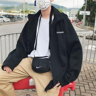 Lettering Stand Collar Zip Hooded Jacket