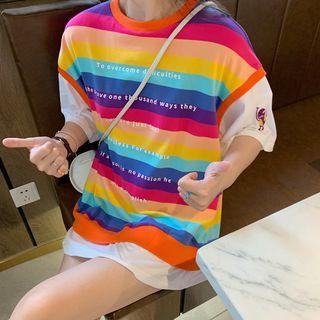 Mock Two-piece Short-sleeve Striped T-shirt As Shown In Figure - One Size