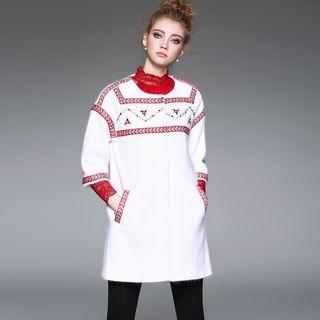 3/4-sleeve Patterned Trim Buttoned Coat
