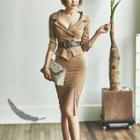 Mock Two-piece Deep V Long-sleeve Dress