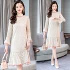 Contrast Trim Lace Long-sleeve A-line Dress