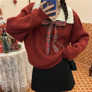 Bow Accent Collared Sweater Red - One Size