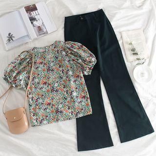 Puff-sleeve Floral Blouse / High-waist Pants