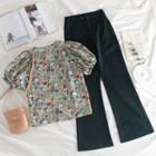 Puff-sleeve Floral Blouse / High-waist Pants