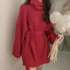 Turtleneck Tie-waist Mini Sweater Dress