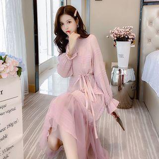 Long-sleeve Mesh-panel Ruffled Midi Dress
