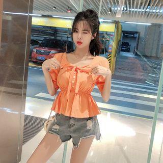 Bow Accent Short-sleeve Blouse Orange - One Size