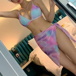 Set: Tie-dye Print Bikini Top + Bottom + Cover-up Skirt