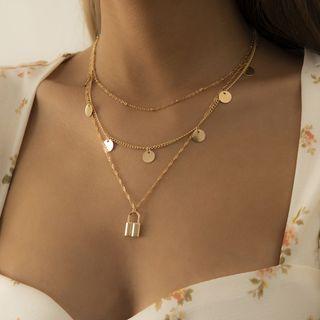 Lock & Disc Pendant Alloy Layered Necklace