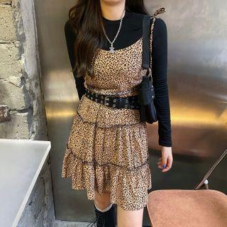 Long-sleeve Plain T-shirt / Leopard Spaghetti Strap Mini Dress
