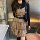 Long-sleeve Plain T-shirt / Leopard Spaghetti Strap Mini Dress
