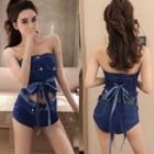 Set: Denim Buttoned Ribbon Tube Top + Hot Pants