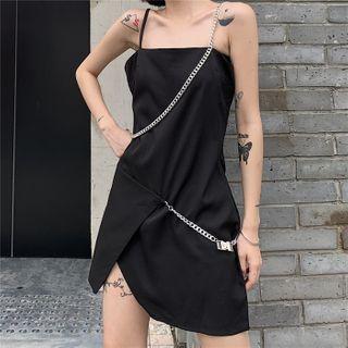 Spaghetti-strap Slit-hem Chain Detail A-line Dress