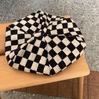 Color-block Plaid Beret Black & White - M (56-58cm)