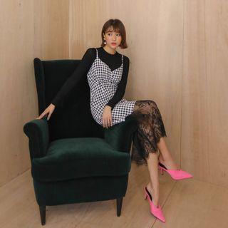 Spaghetti-strap Lace-hem Checked Dress