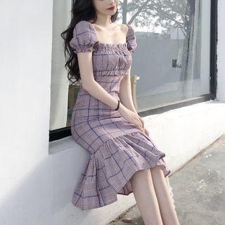 Square Neck Cap Sleeve Frilled Trim Plaid Bodycon Dress