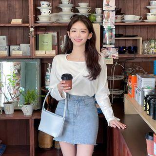 Wrap-front Square-neck Ribbed Top