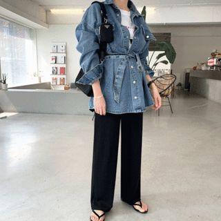 Snap-button Boxy Denim Jacket With Belt Blue - One Size