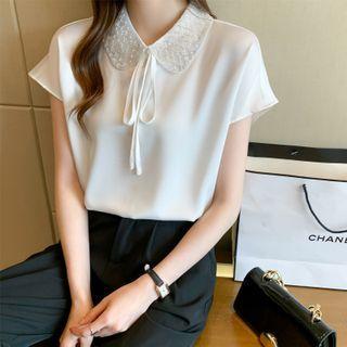 Short-sleeve Beaded Bow Detail Blouse