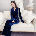Set: Double-breasted Velvet Blazer + Velvet Wide Leg Pants