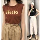 Sleeveless Lettering T-shirt / Cropped Pants With Cord