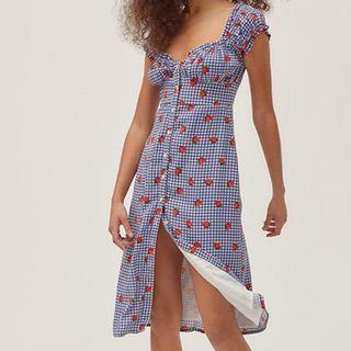 Strawberry Print Cap-sleeve Midi A-line Dress