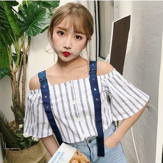 Buckled Cold Shoulder Short-sleeve Striped Blouse