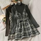 Set: Cowl-neck Plain Top + Checker Sleeveless Mini Dress