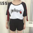 Set: Flower Embroidered Elbow Sleeve T-shirt + Shorts