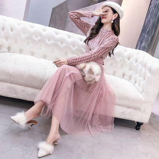 Set: Houndstooth Long-sleeve Dress + Mesh Midi Skirt