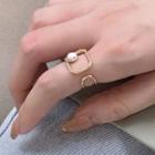 Rectangle Rhinestone Faux Pearl Open Ring Gold - One Size