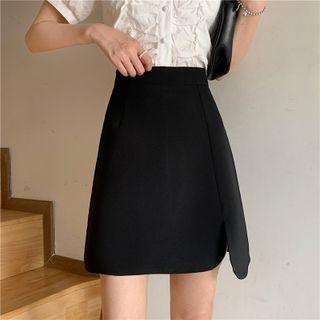 High-waist Plain Slit-hem A-line Skirt
