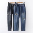 Band-waist Cat Embroidered Straight-cut Jeans