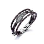 Fashion Punk 316l Stainless Steel Feather Brown Leather Multi-layer Bracelet Silver - One Size