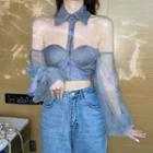 Puff-sleeve Cold Shoulder Mesh Shirt
