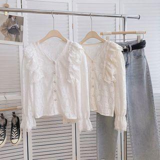 Long-sleeve V-neck Ruffle-trim Blouse