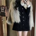 Faux Fur Jacket / Contrast Collar Long-sleeve A-line Mini Dress