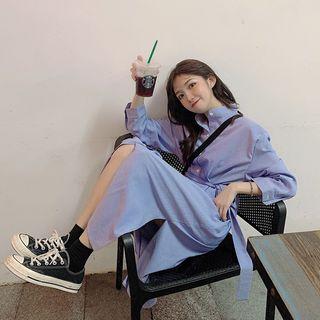 Long-sleeve Striped Slit Midi Shirt Dress / Sleeveless Sweatshirt