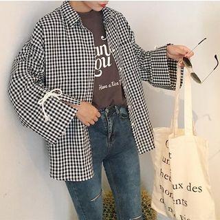 Drawstring-cuff Gingham Shirt