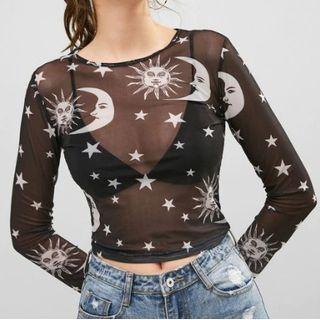 Moon Print Long-sleeve Mesh Top