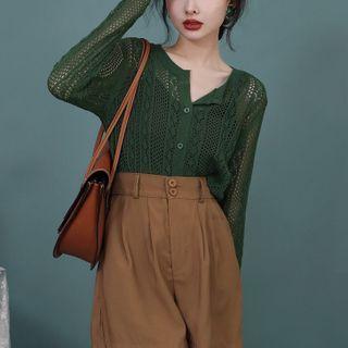 Long-sleeve V-neck Jacquard Cut-out Knit Cardigan