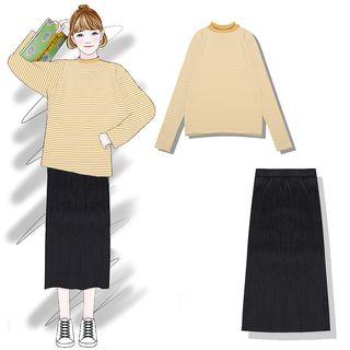 Striped Mock Neck Knit Top / Accordion Pleat Midi Skirt