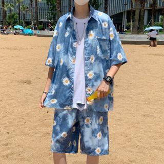 Set: Short-sleeve Flower Print Shirt + Shorts