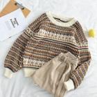 Color-block Crewneck Puff-sleeve Sweater Khaki - One Size