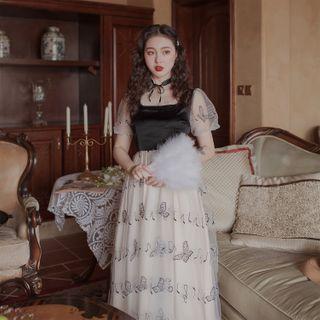 Butterfly Embroidered Mesh Panel Short-sleeve Midi A-line Dress
