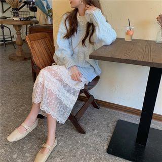 Bell-sleeve Lace Top / Cable-knit Sweater / Midi Lace Skirt