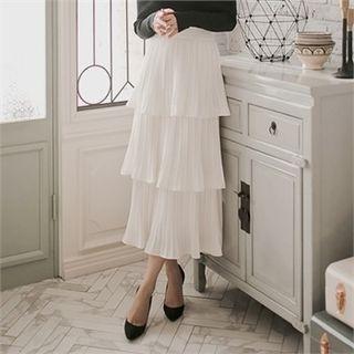 Band-waist Long Tiered Skirt