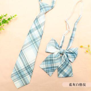 Set: Plaid Neck Tie + Bow Tie Set Of 2 - Neck Tie & Bow Tie - Light Blue - One Size